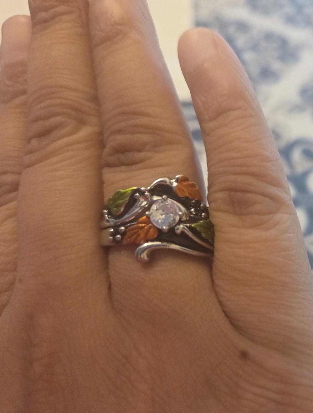 Sterling Silver Floral Leaf Ring with Orange and Green Enamel Accent